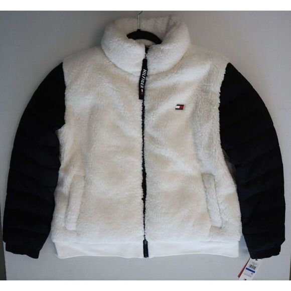 Tommy Hilfiger Sport Women Sz XL Black/White Full Zip Cropped Fleece Jacket - Picture 1 of 8